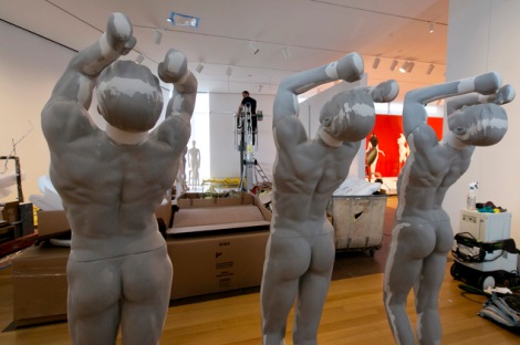 A worker prepares the recreation of the Pucci Sculpting Studio during the installation of The Art of the Mannequin, by artist Ralph Pucci, at the Museum of Arts and Design, in New York on Thursday, March 26, 2015. (AP Photo/Richard Drew)