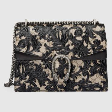 The new 'Dionysus Arabesque' Gucci logo chain strap purse with lace fabric trim